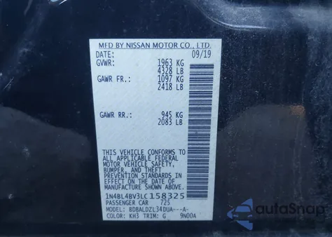 2020 Nissan Altima S Fwd from USA, damaged, VIN 1N4BL4BV3LC158325